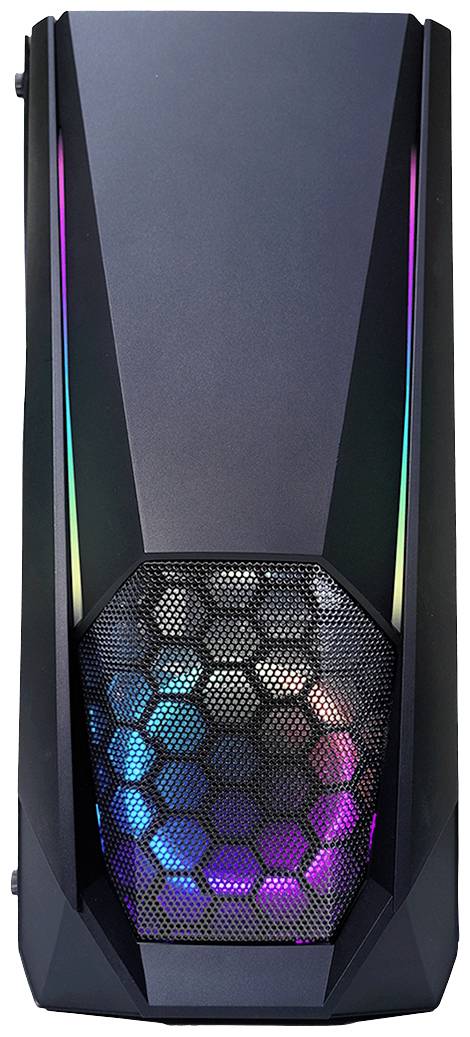 Zwart computerbehuizing met zeshoekig patroon en RGB-verlichting.