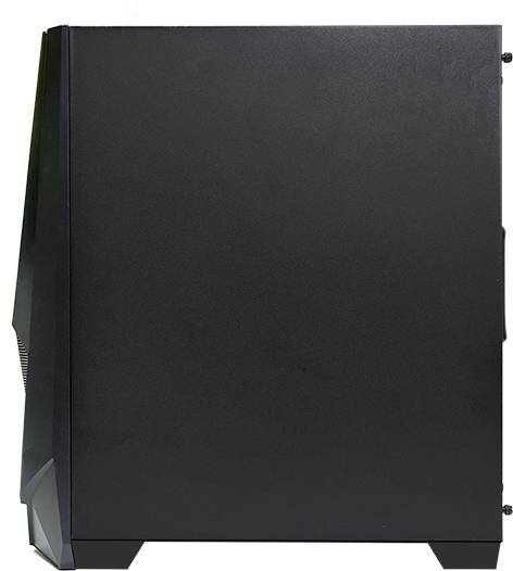 Zwart computerbehuizing van opzij, rechthoekig met een strak design, zonder zichtbare details of aansluitingen.