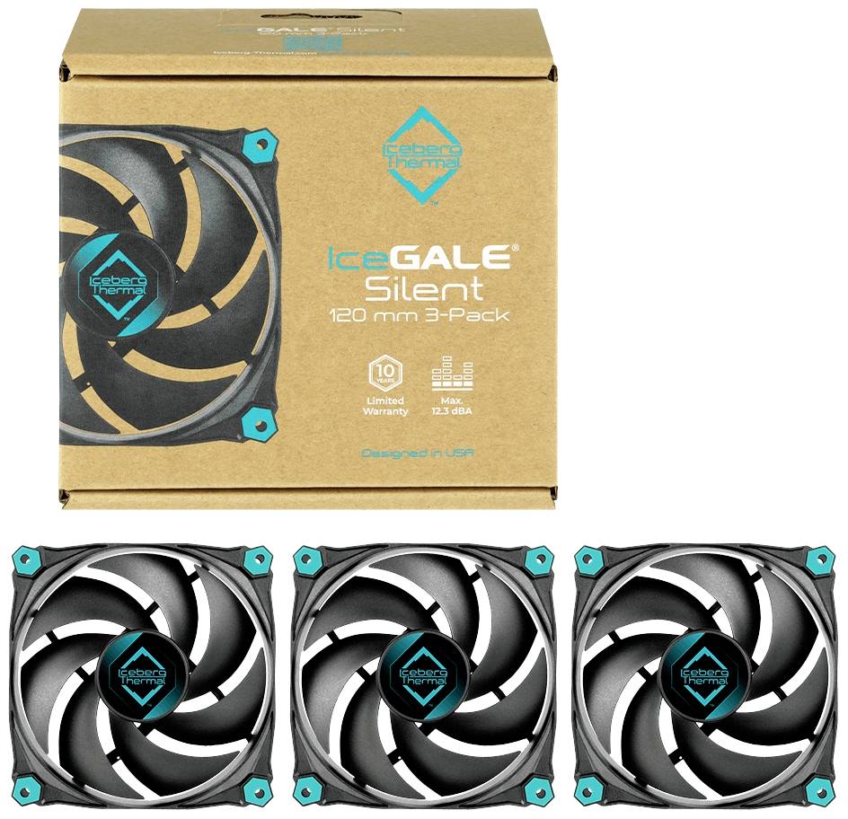 Verpakking en drie computerventilatoren. Op de verpakking staat 'IceGALE Silent 120 mm 3-Pack'. Modelnaam en productontwerp staan centraal.