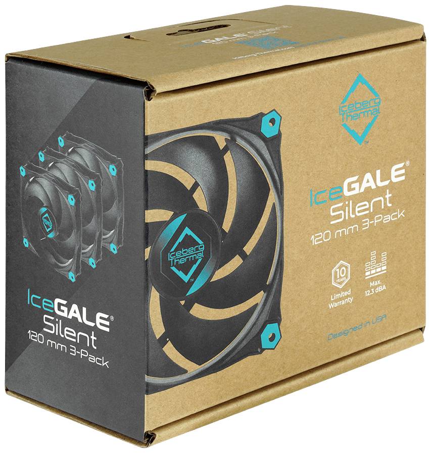 Verpakking van 'IceGALE Silent 120 mm 3-Pack' PC-ventilatoren, toont het logo, het ventilatorontwerp en specificaties zoals garantie en afmetingen.