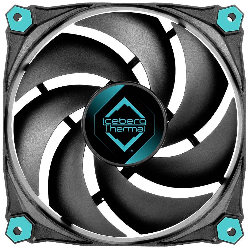 Een zwarte computerventilator met gebogen rotorbladen. In het midden staat 'Iceberg Thermal' op een blauwe achtergrond.