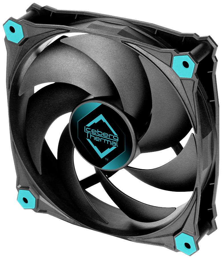 Computerventilator met zwart behuizing en blauwe accenten. De ventilator heeft zeven gebogen rotorbladen.