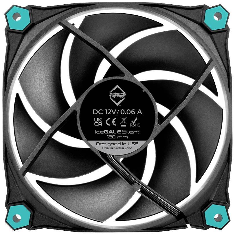 Zwarte computerkoeler-ventilator met witte accenten, vierkant frame en turquoise hoeken. Gemarkeerd met 'IceGALE Silent 120 mm'.