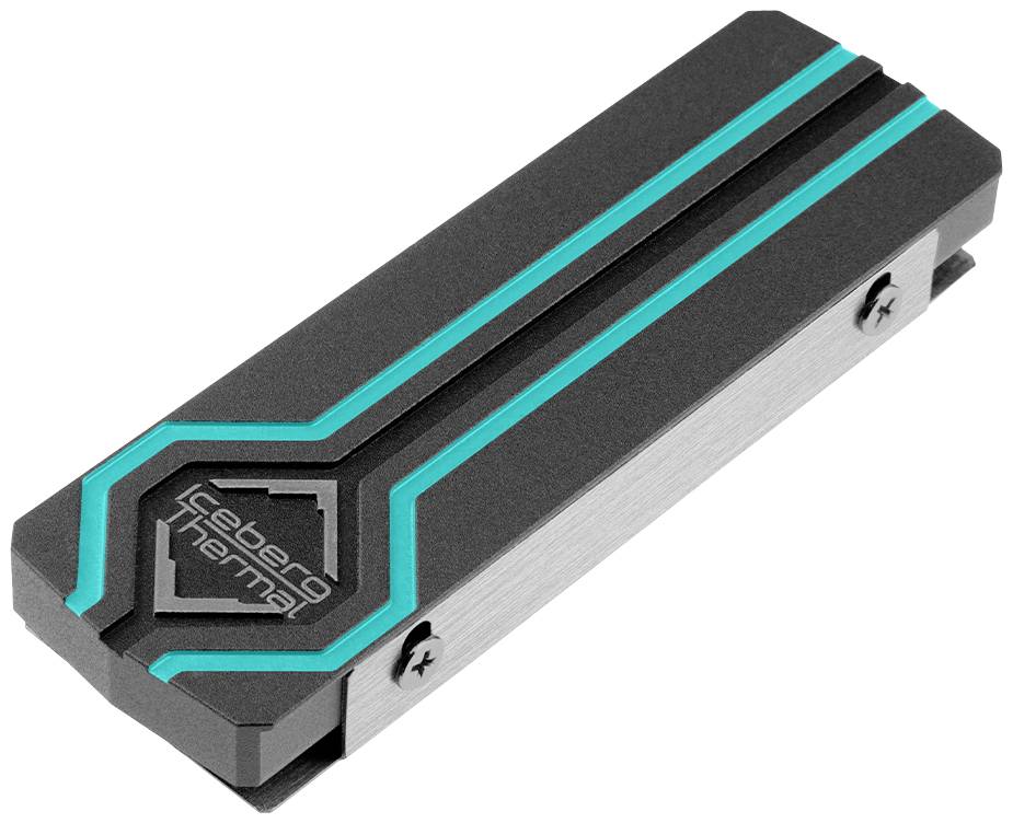 Een zilveren en zwarte computercomponent met cyaanblauwe accenten en de tekst 'Iceberg Thermal'.