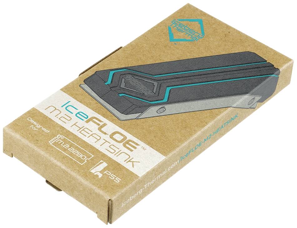 Kartonverpakking van een IceFloe M.2 heatsink. Afgebeeld is de heatsink met blauwe en grijze details.