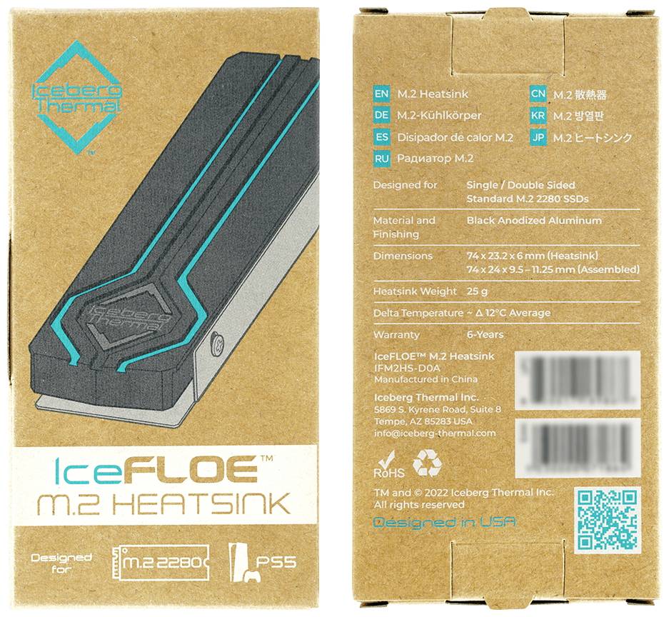 'IceFLOE M.2 Heatsink' verpakking met productafbeelding. Voor M.2 2280 SSD's, gemaakt van aluminium, voor een betere warmteafvoer. Afmetingen en details op de achterkant.