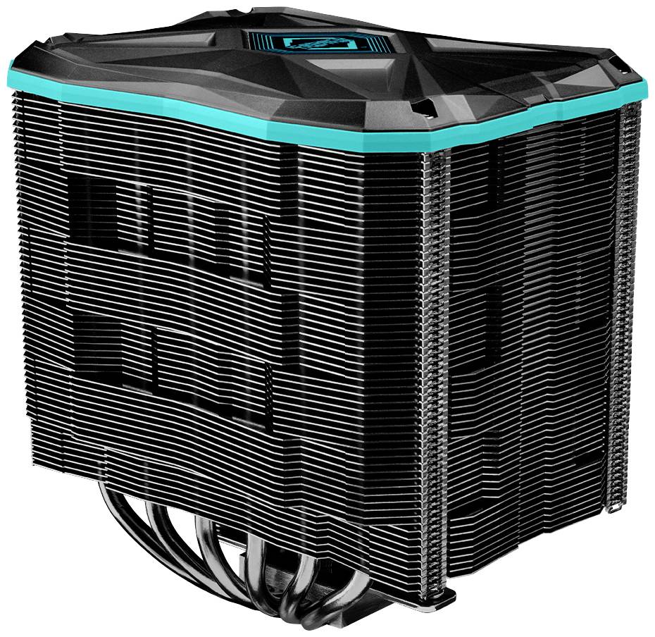 Een zwarte CPU-koeler met meerdere horizontale koelvinnen en koperkleurige heatpipes.