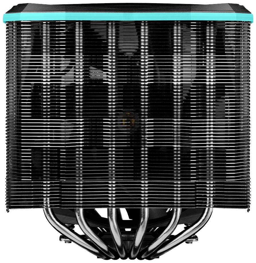 Ventilatorloze processorkoeler met meerdere aluminium lamellen en zes koperen heatpipes voor passieve koeling.