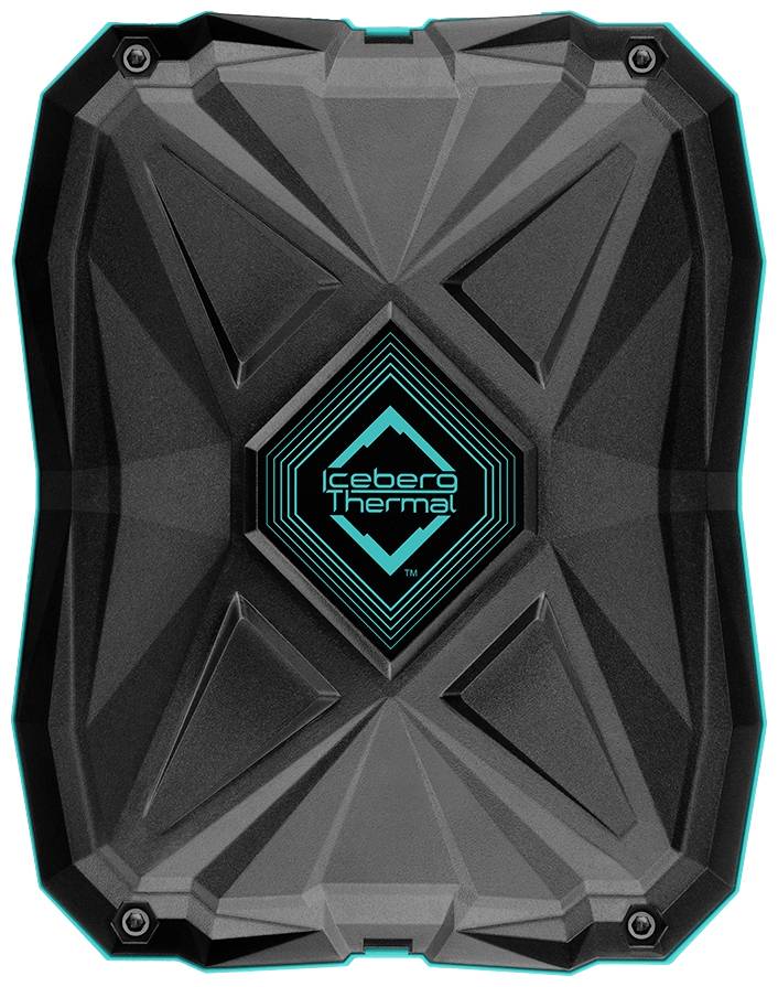 Zwarte verpakking met geometrisch patroon, logo 'Iceberg Thermal' in het midden in een helder blauw.