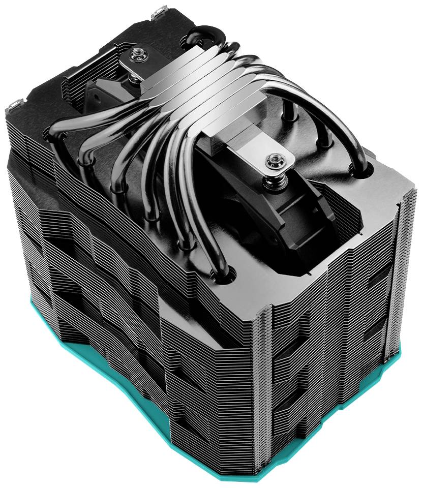 Een CPU-koeler met meerdere koelribben en metalen heatpipes voor warmteafvoer.