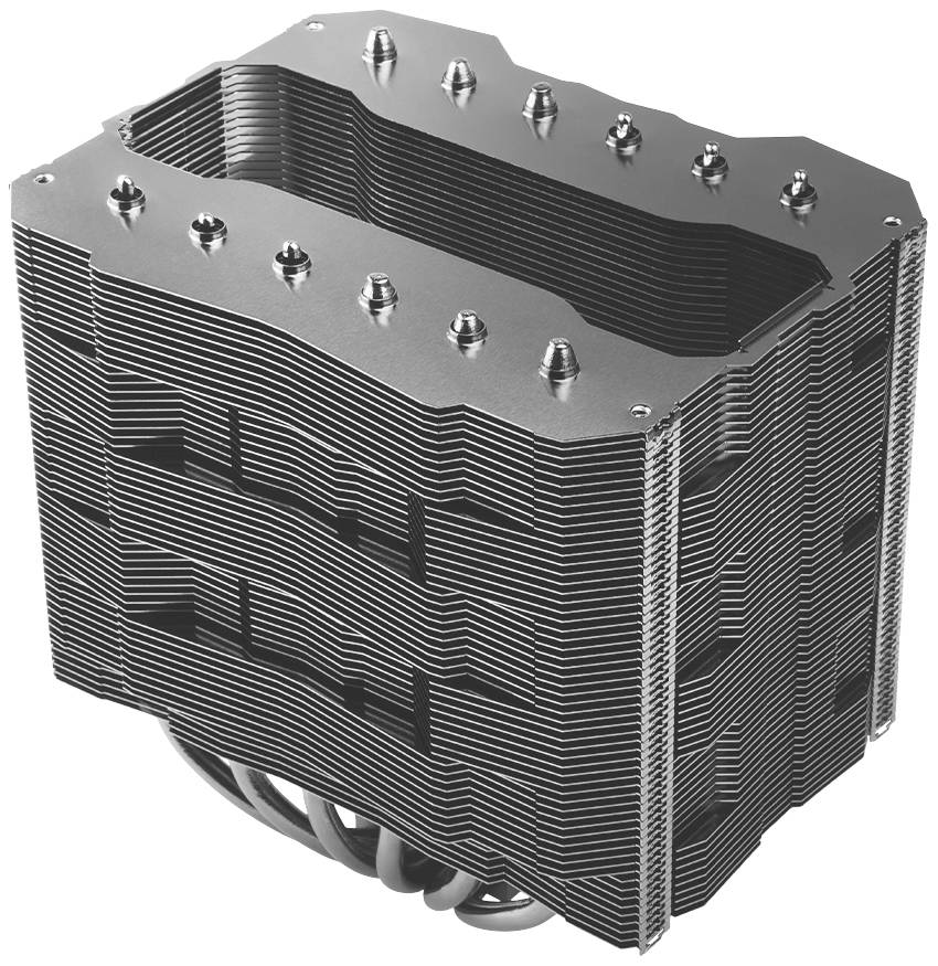 Een grote CPU-koeler bestaande uit gestapelde aluminium lamellen met meerdere heatpipes, ontworpen voor effectieve warmteafvoer.
