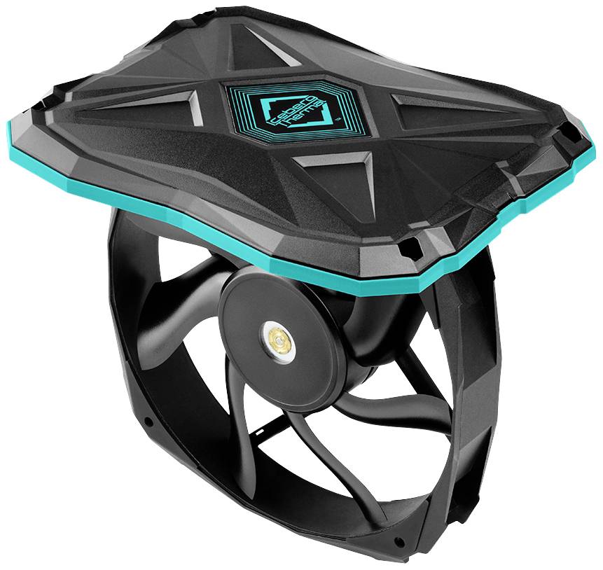 Koelventilator met zwart behuizing en turquoise rand, toont aerodynamisch ontwerp. Geschikt voor computerbehuizingen.