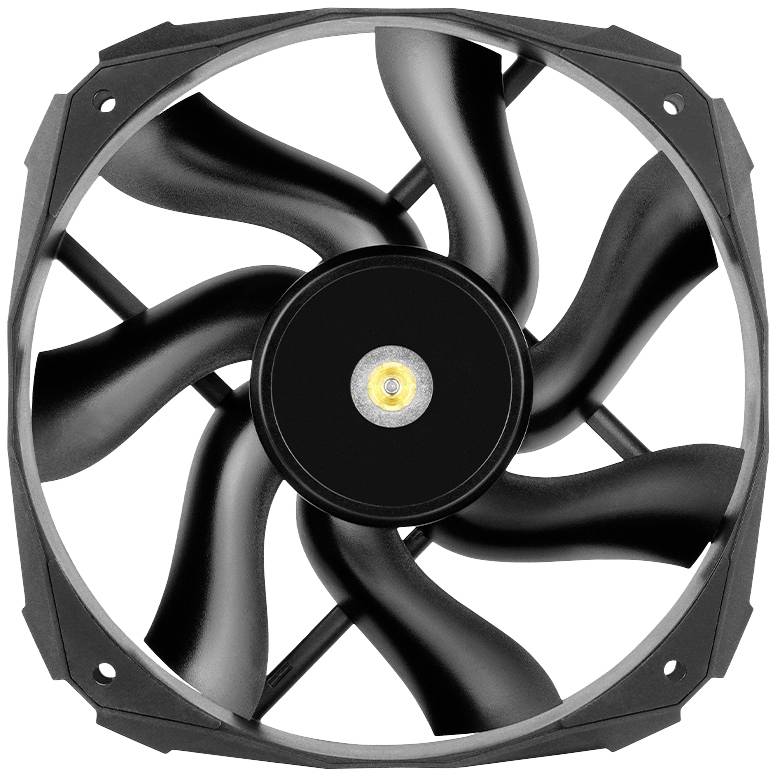 Zwarte computerventilator met zeven gebogen schoepen voor koeling.