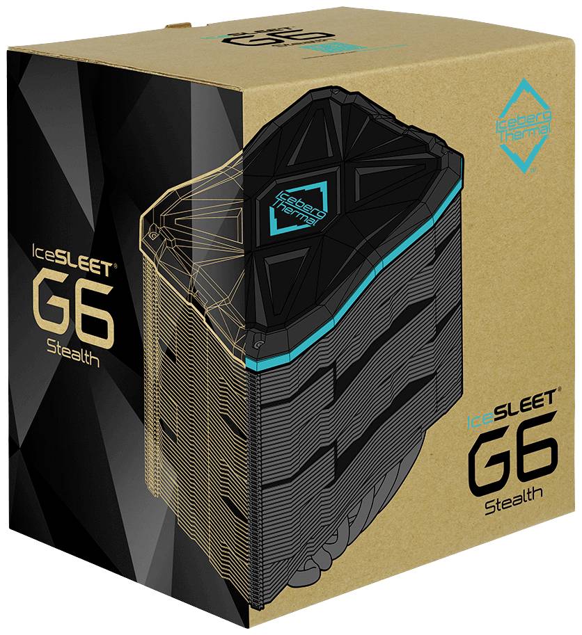 Verpakking van de 'IceSLEET G6 Stealth' koelunit, toont de geometrische vorm van het product op een kartonachtergrond.