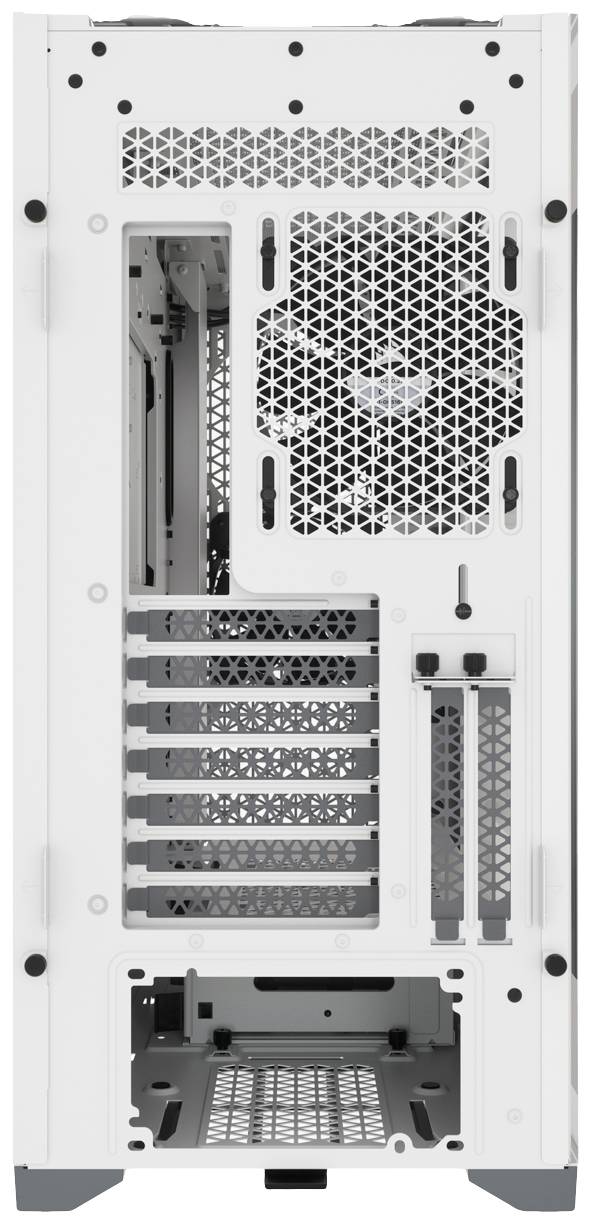 Wit pc-behuizing van achteren gezien met zichtbare ventilatierooster, meerdere uitbreidingssleuven en een plek voor de voedingseenheid onderaan.