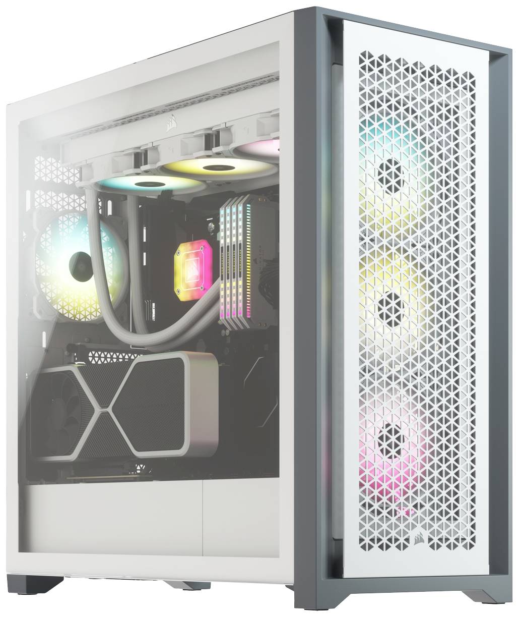 Een moderne computer met een transparante behuizing toont kleurrijke ventilatoren en componenten die in verschillende kleuren oplichten.