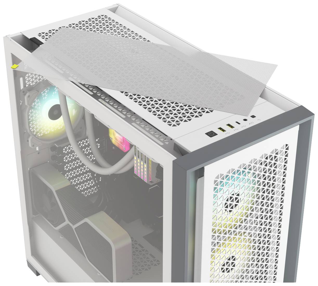 Een pc-behuizing met een geopende deksel toont interne ventilatoren met kleurrijke led's en een zichtbare grafische kaart in een moderne witte behuizing.