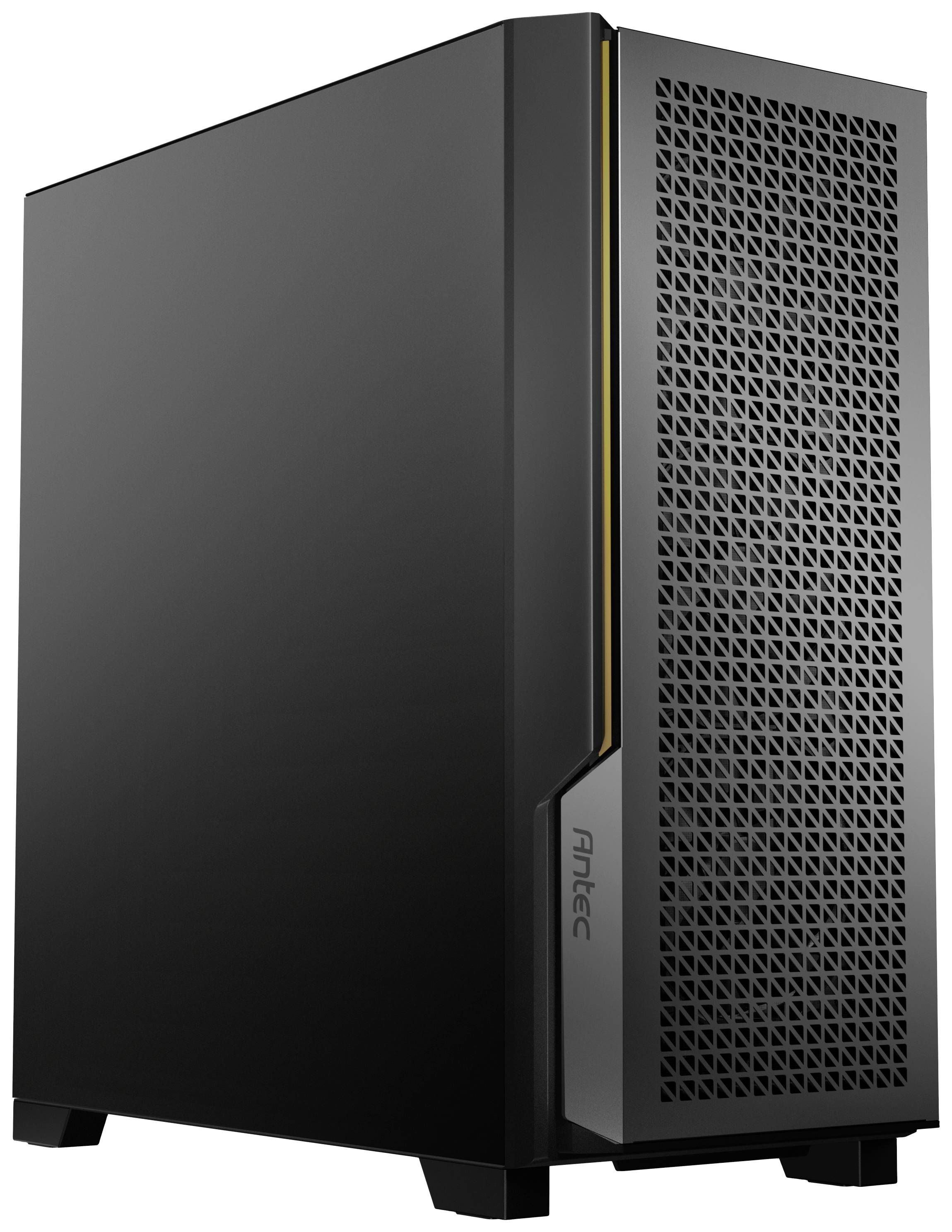 Een zwarte computerbehuizing met een honingraatrooster aan de voorkant, dat dient voor de luchtstroom. Het merk is 'Antec'.