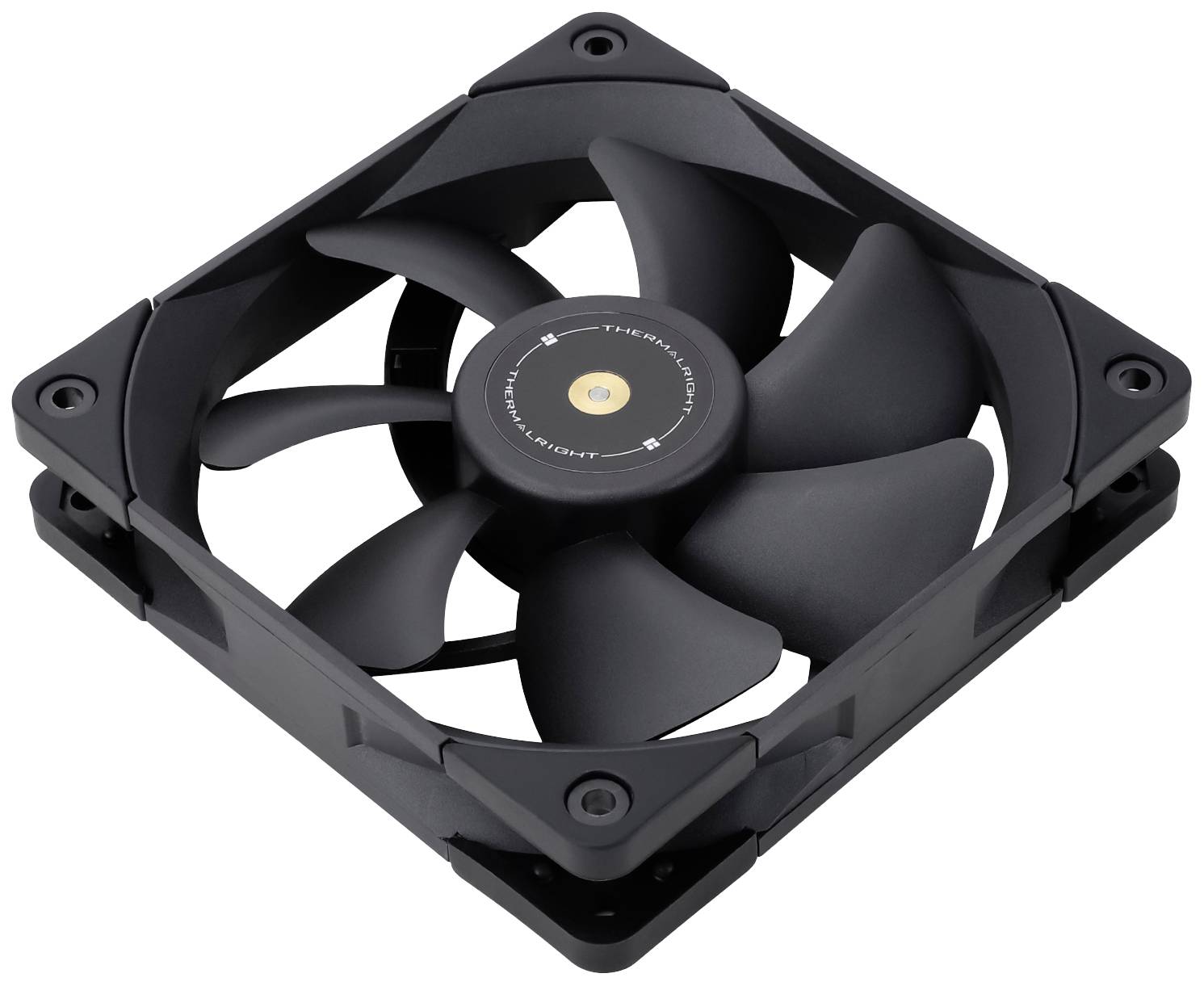 Zwarte computerventilator met zeven schoepen, rechthoekig frame en monteerbare hoeken. Ontwikkeld voor luchtkoelingssystemen in pc's.