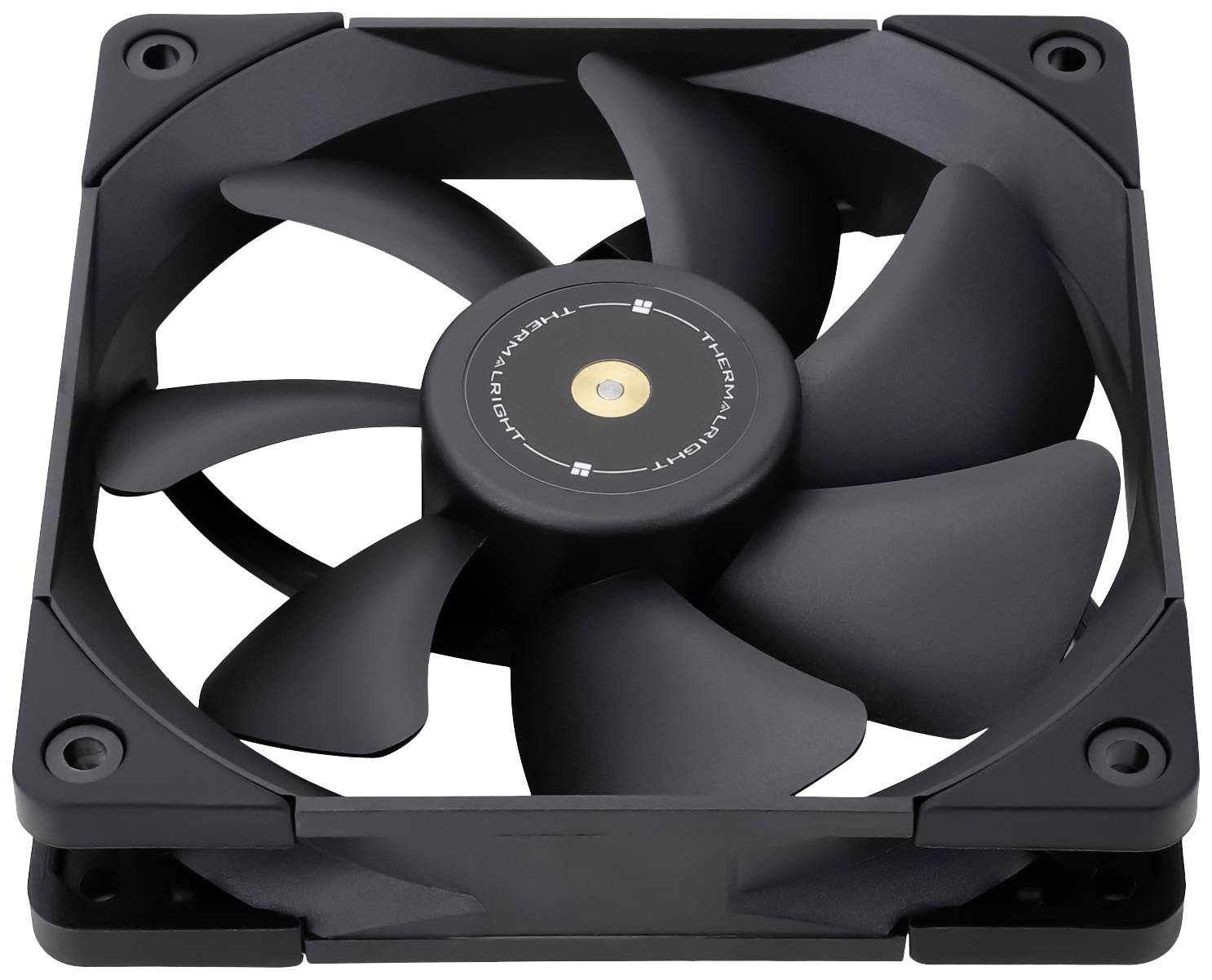 Een zwarte computerventilator, vierkant met zeven schoepen, geschikt voor pc-behuizingen, voor de koeling van computercomponenten.