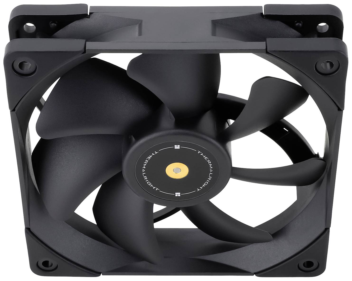 Een zwarte pc-ventilator met vijf vleugels in een vierkante behuizing. Ideaal voor de koeling van computerkasten.