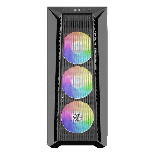 Een zwarte computerbehuizing met drie zichtbare ventilatoren die in regenboogkleuren oplichten. Aan de voorkant is de merknaam 'Cooler Master' te zien.