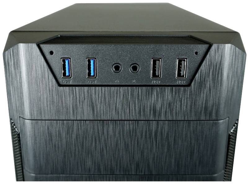 'Voorzijde van een computerbehuizing met twee USB 3.0-poorten, twee USB 2.0-poorten en audio-ingangen op een zilverkleurig metallic oppervlak.'