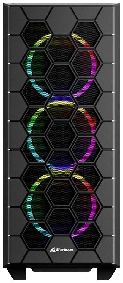 Zwart PC-behuizing van Sharkoon met frontrooster en drie interne RGB-verlichte ventilatoren die zichtbaar zijn door zeshoekige openingen.