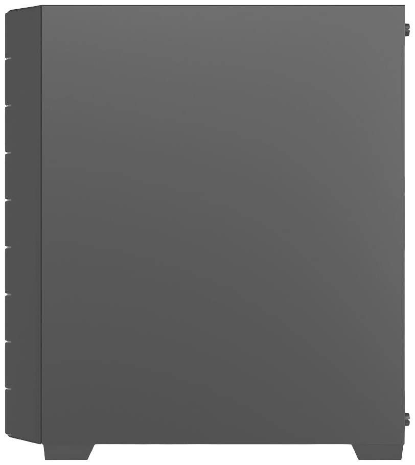 Een eenvoudige, grijze computerbehuizing zonder zichtbare merk- of ontwerpkenmerken. Hij staat rechtop en toont zijn rechterzijde.