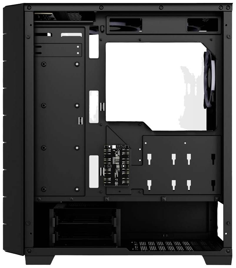 Een zwart computerbehuizing zonder componenten, toont montagelocaties voor moederbord, schijfstations en ventilatoren.