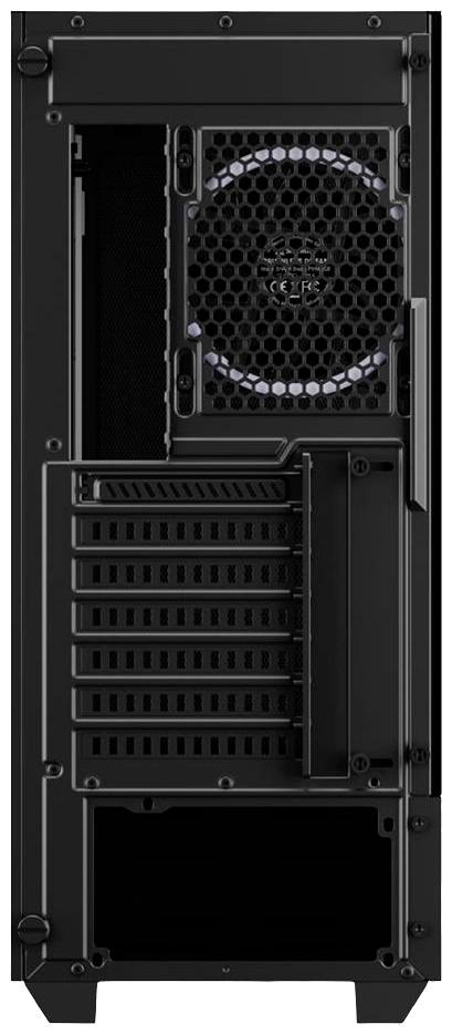 Een zwart computerbehuizing van achteren, toont ventilatieroosters, ventilators en uitbreidingssleuven. Geen zichtbare kabels of aansluitingen.