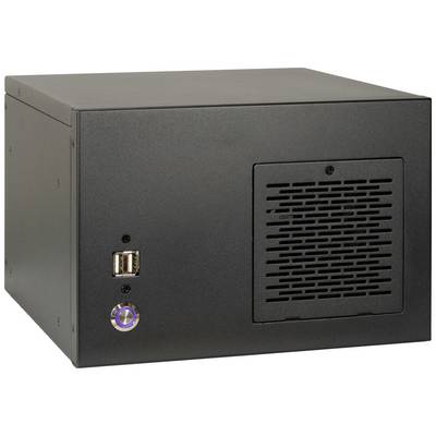 Een zwarte computerbehuizing in kubevorm met twee USB-poorten en een ventilatierooster aan de voorkant.