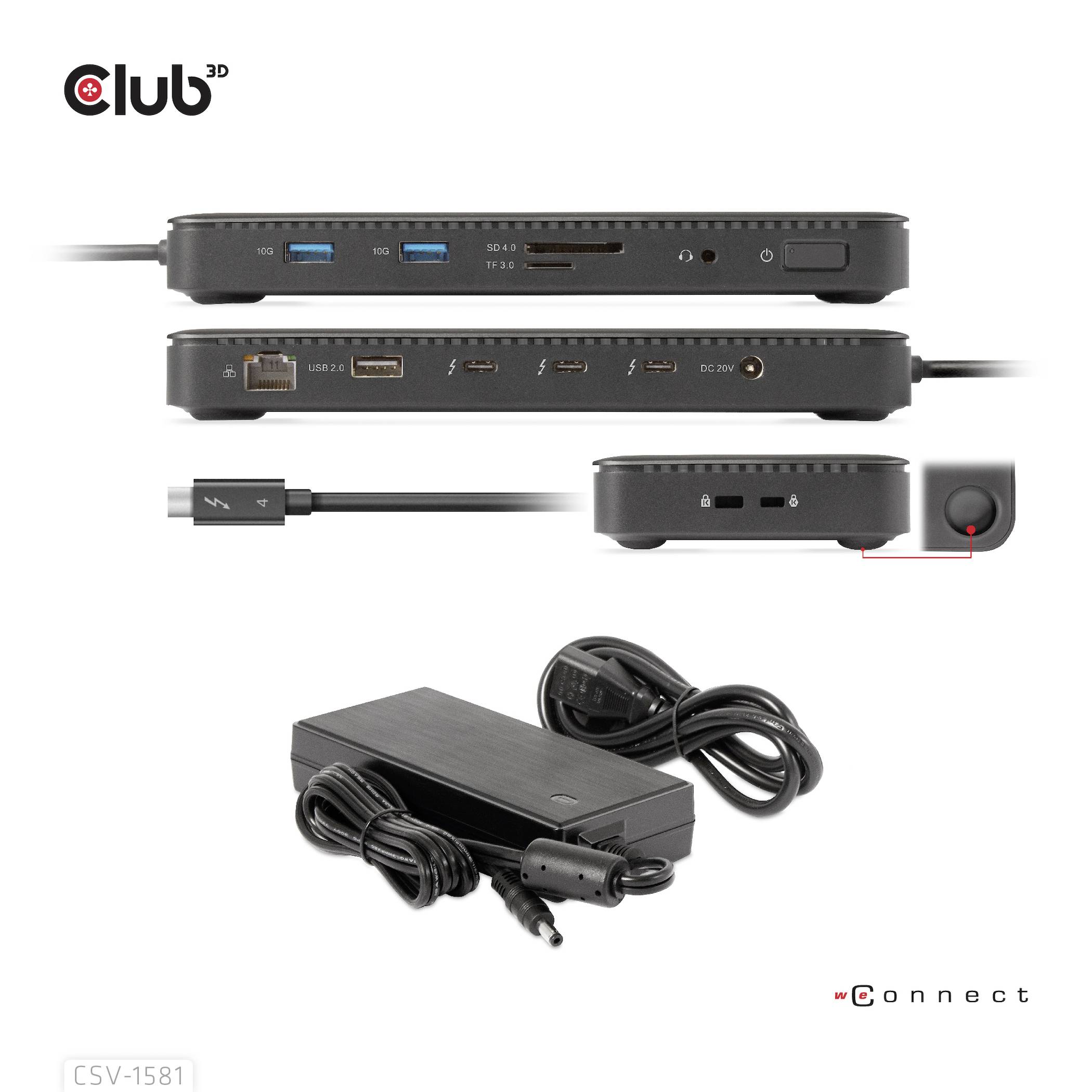 'Club 3D CSV-1581' USB-C-dockingstation met meerdere USB-, HDMI- en Ethernet-poorten. Inclusief stroomadapterkabel.