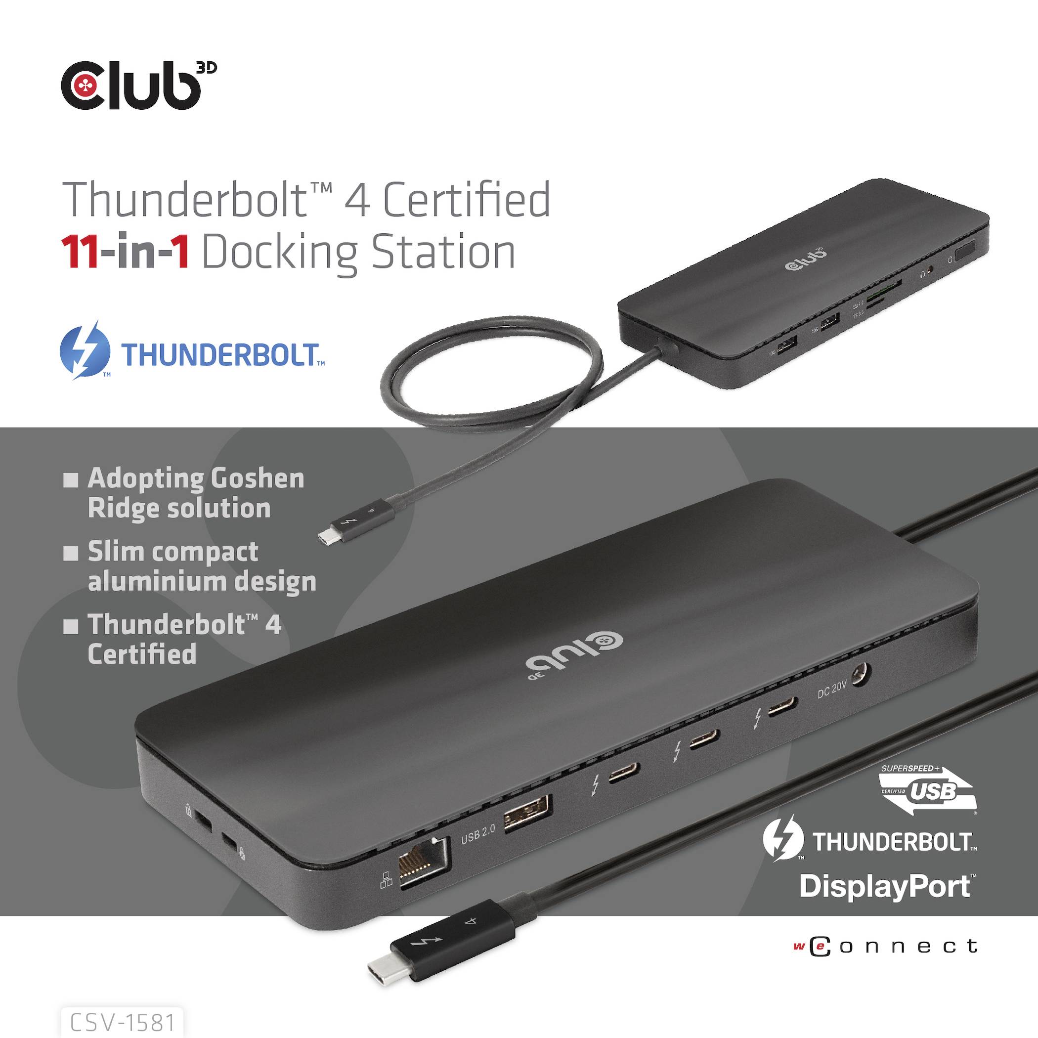 Thunderbolt 4 dockingstation, 11-in-1, met meerdere aansluitingen en een slank design. Ondersteunt Thunderbolt, DisplayPort en Power Delivery.