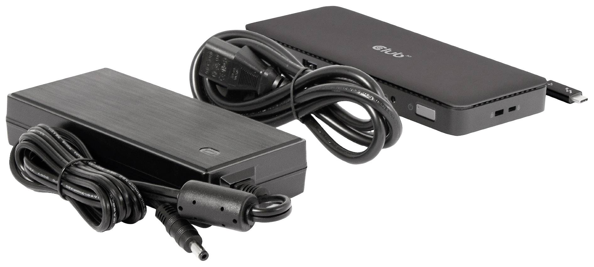 Twee zwarte laptop-dockingstations, elk met een aangesloten kabel. Links een grotere, rechts een slanker station.