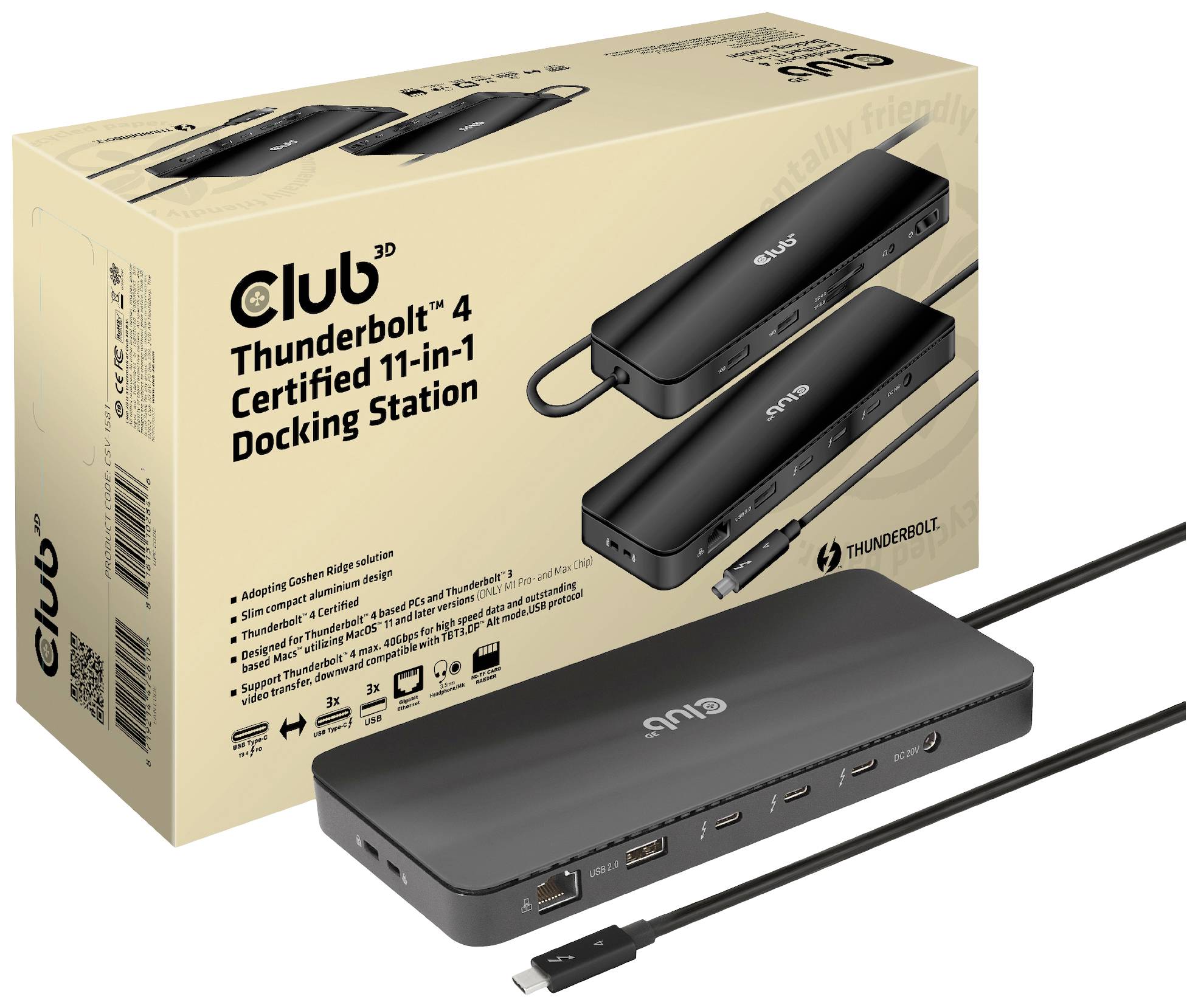 'Club 3D Thunderbolt 4 Gecertificeerd 11-in-1 Dockingstation' Verpakking en product. Toont de dockingstation met aansluitingen en kabel.