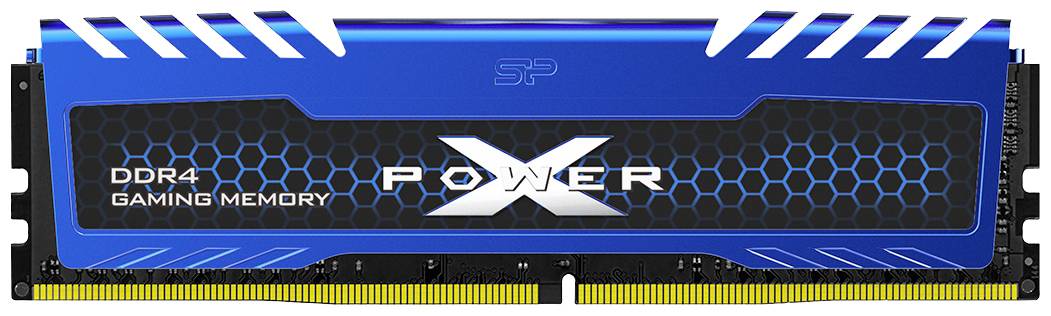 Blauwe RAM-module met de tekst 'DDR4 Gaming Memory POWER X'. Speciaal ontworpen voor gamingcomputers.
