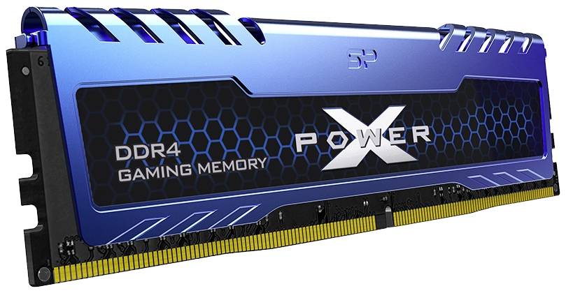 DDR4-RAM-module met blauwe koelvin en 'Power X'-opdruk. Opschrift 'DDR4 Gaming Memory'. Ontworpen voor hoge prestaties.