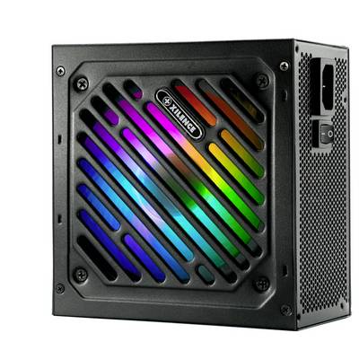 Zwart computervoedingsapparaat met regenboog-LED-verlichting, zichtbare ventilatiesleuven en netstroomaansluiting aan de rechterkant.