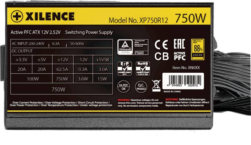 'XILENCE Model No. XP750R12 750W Active PFC ATX 12V 2.52V Schakelvoeding' met specificaties voor ingangen en uitgangen.