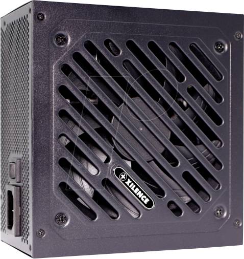 Zwart computervoedingsapparaat met ventilatierooster en zijdelingse aansluiting van het merk Xilence, bedoeld voor de stroomvoorziening van pc-componenten.