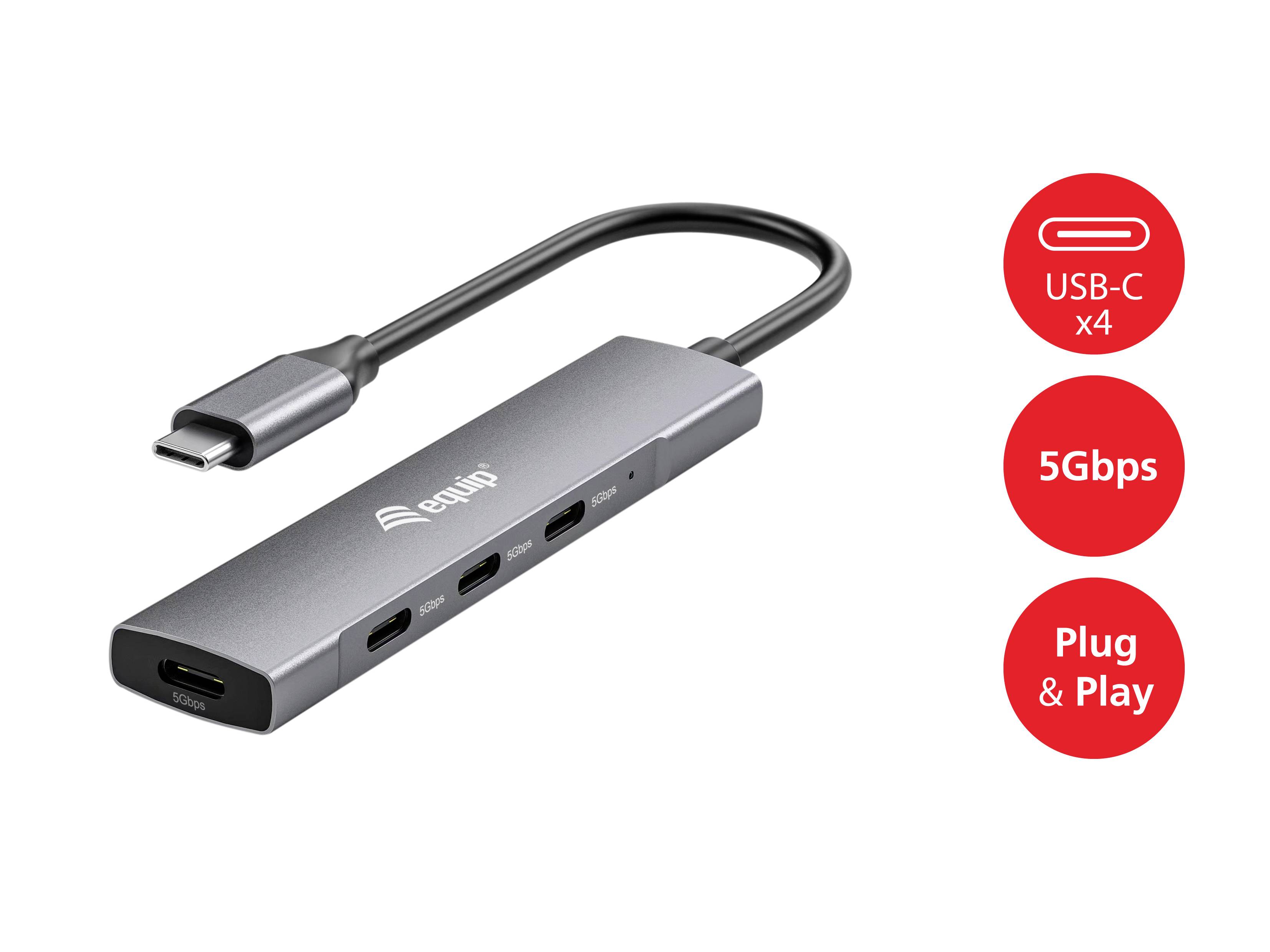 Een USB-C-hub met vier poorten en zwart kabel. Tekst ernaast: 'USB-C x4', '5Gbps', 'Plug & Play'.
