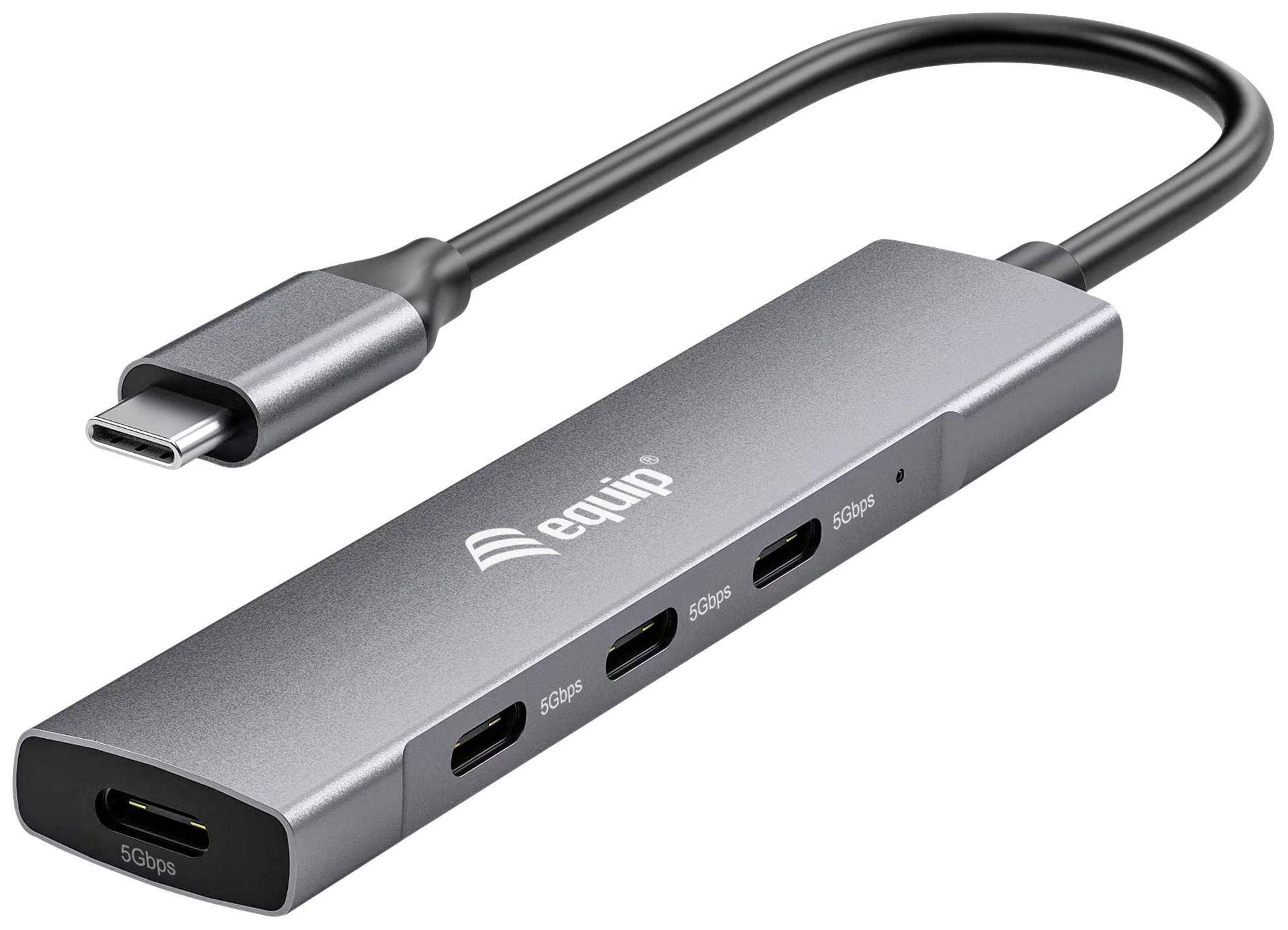 USB-C-hub met geïntegreerd kabel en vijf poorten voor gegevensoverdracht en apparaataansluiting.