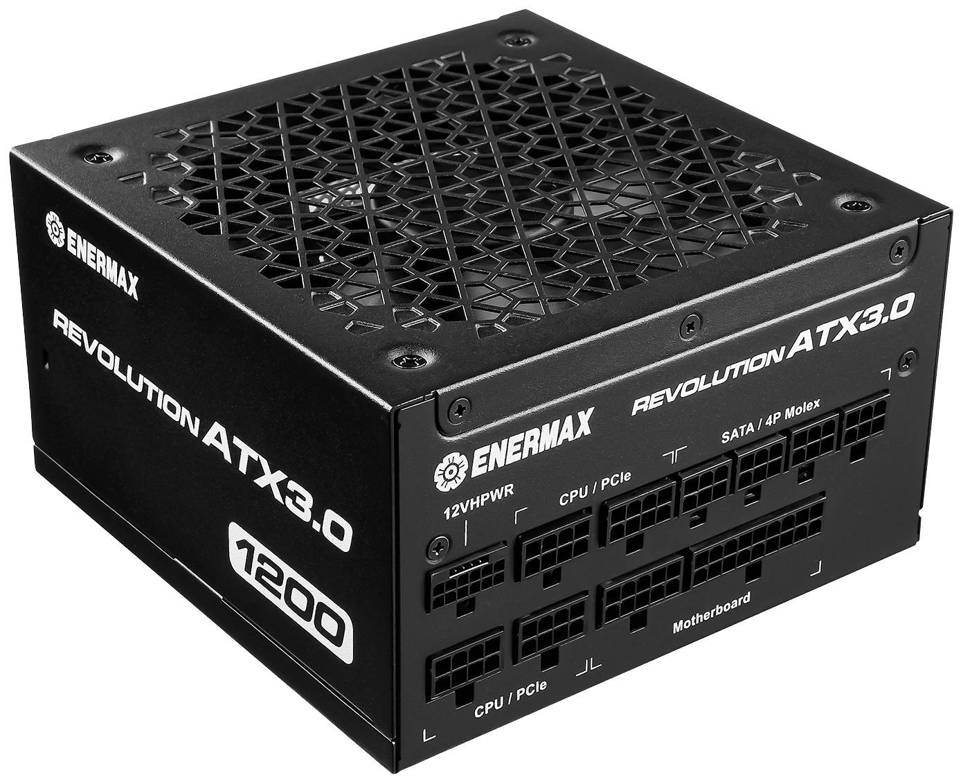'Enermax Revolution ATX 3.0 1200W Voeding met aansluitingen voor CPU/PCIe, SATA/Molex en Moederbord.'