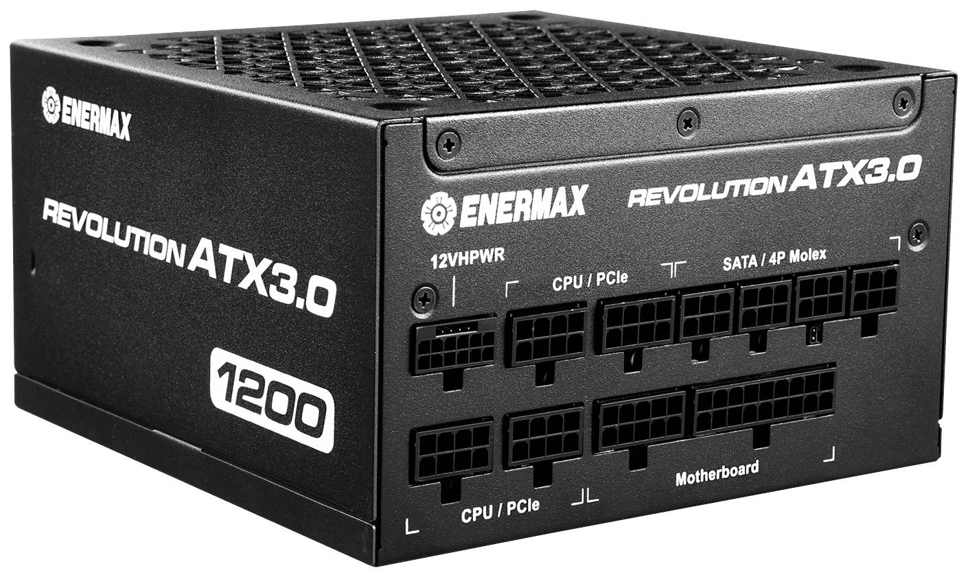 Zwarte Enermax voeding met de aanduiding 'Revolution ATX 3.0' en een vermogen van 1200 Watt. Aansluitingen voor CPU, PCIe, SATA en moederbord zijn zichtbaar.