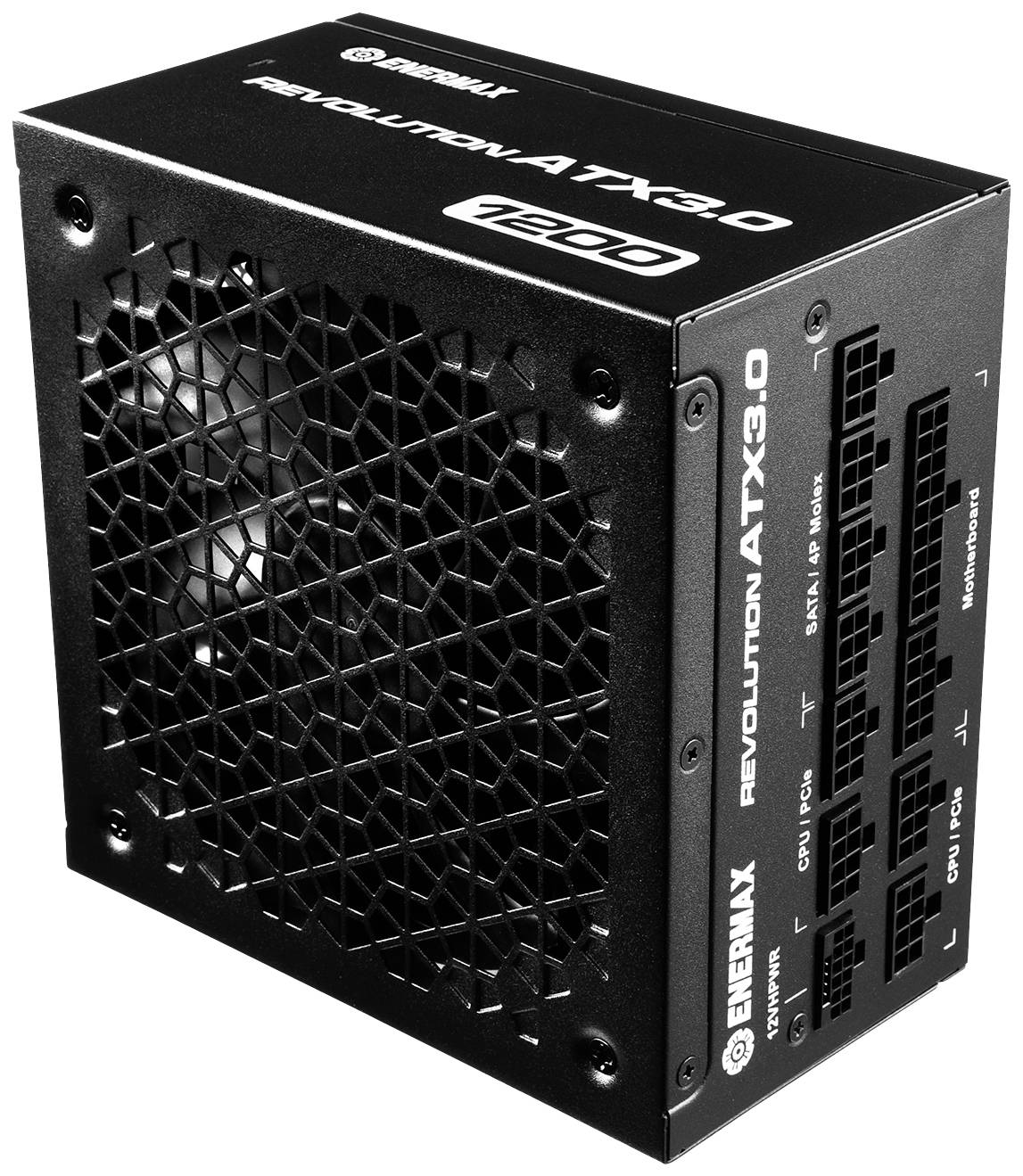Zwarte pc-voeding met ventilator en meerdere aansluitingen, gelabeld met 'Revolution ATX3.0'. Enermax-logo aan de zijkant.