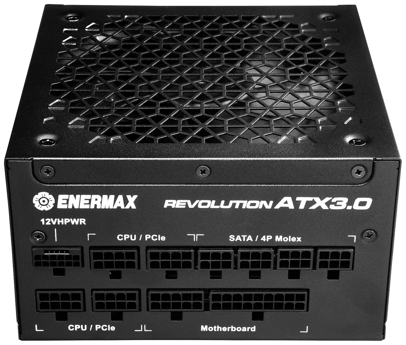 Een zwarte Enermax Revolution ATX3.0 voeding met aansluitingen voor 12VHPWR, CPU/PCIe, SATA/4P Molex en moederbord.