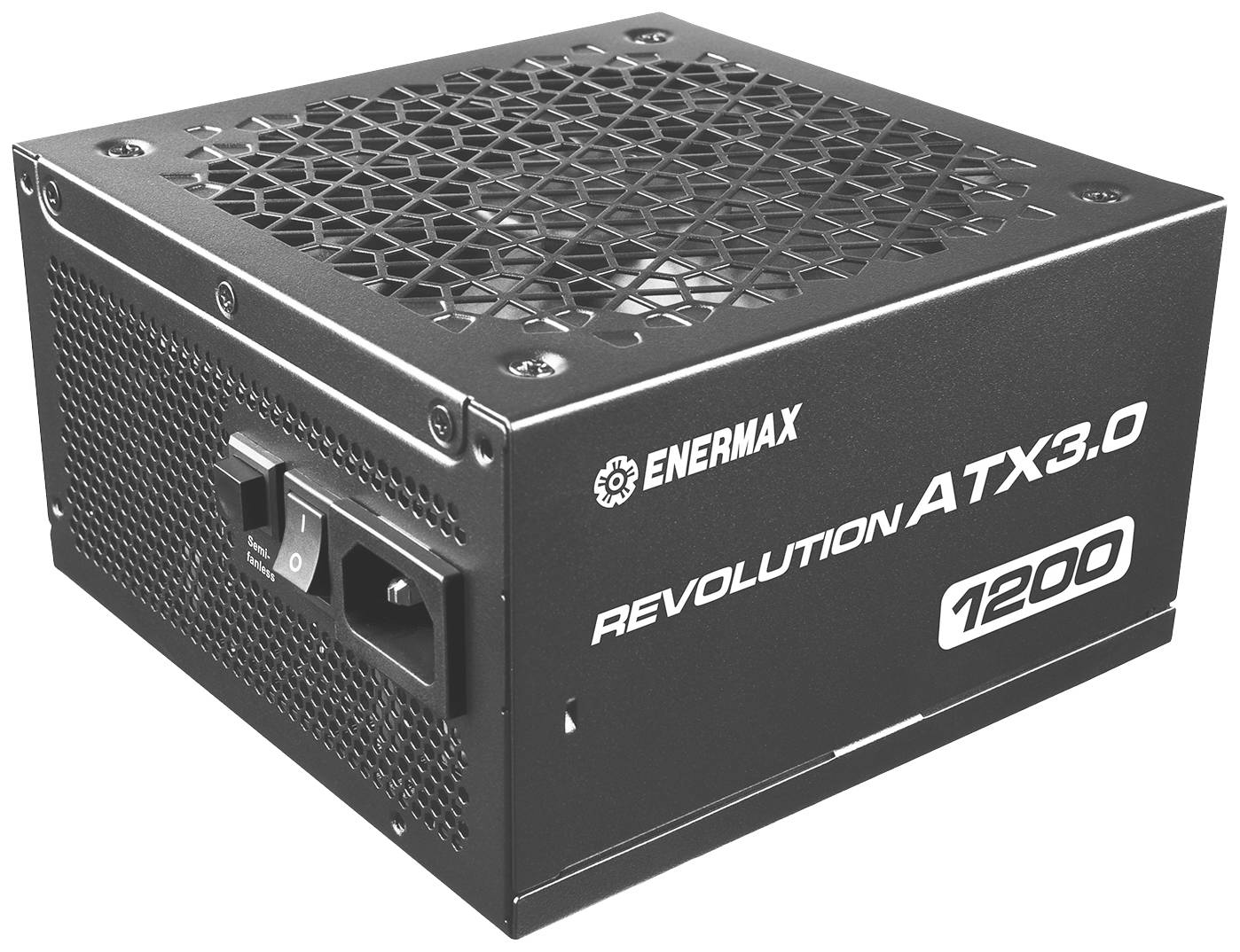 Zwart Enermax Revolution ATX3.0 1200W voedingsblok met rooster aan de bovenkant en aansluiting aan de achterkant.