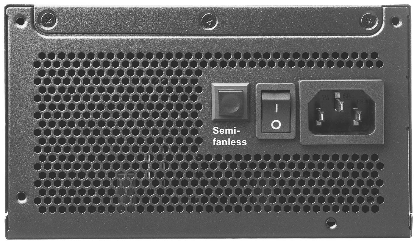 Achterkant van de voeding met ventilatorrooster, netschakelaar en stroomaansluiting. Aanduiding: 'Semi-fanless'.