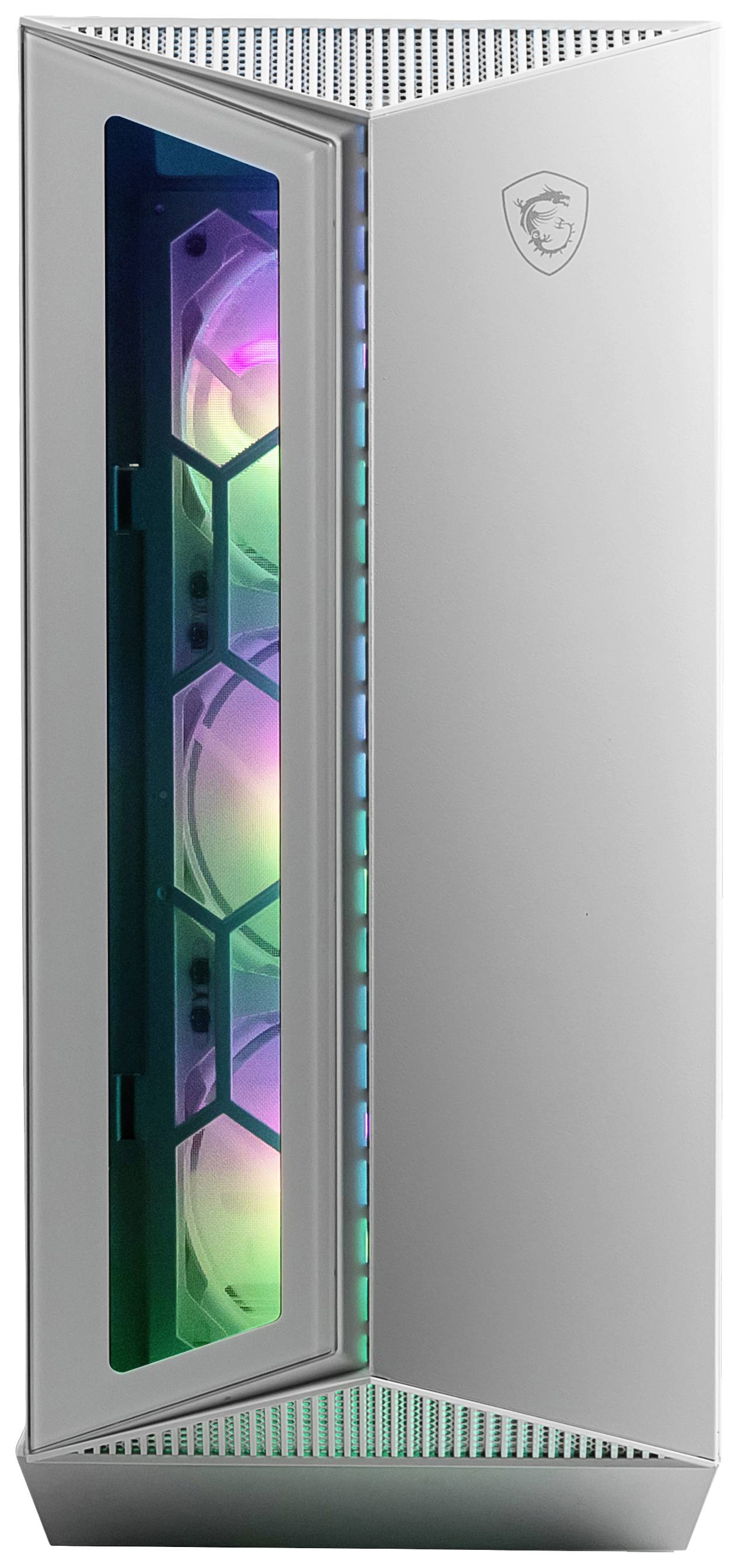 Een computerbehuizing met een transparant raam toont lichtgevende LED-ventilatoren in verschillende kleuren.